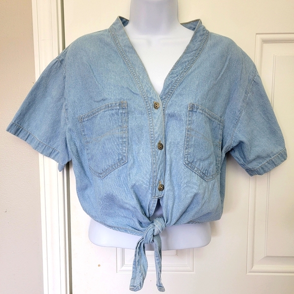 Gitano Vintage Denim Chambray Crop Tie Waist Shirt 90s 100% Cotton Womens M - Picture 1 of 11